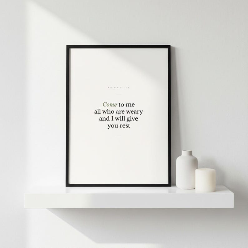 Scripture Wall Art Set of 6 Minimalist Bible Verse Prints Modern Christian Home  — room setting mockup in cozy living space with complementary decor. This modern minimalist christian scripture wall art print features beautiful serif typography on warm cream background. digital download printable for home office bedroom living room gallery wall decor. Perfect christian gift idea from TheFramedVe...