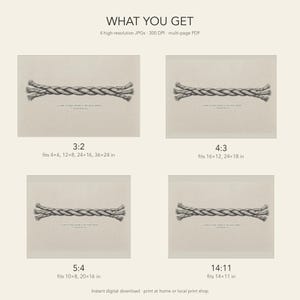 What you get: 4 high-resolution JPG ratios of the Cord of Three Strands print — 3:2, 4:3, 5:4, and 14:11 — fitting standard landscape frame sizes from 4x6 to 36x24 inches. 300 DPI plus multi-page PDF, instant download for Etsy Christian wedding scripture wall art.
