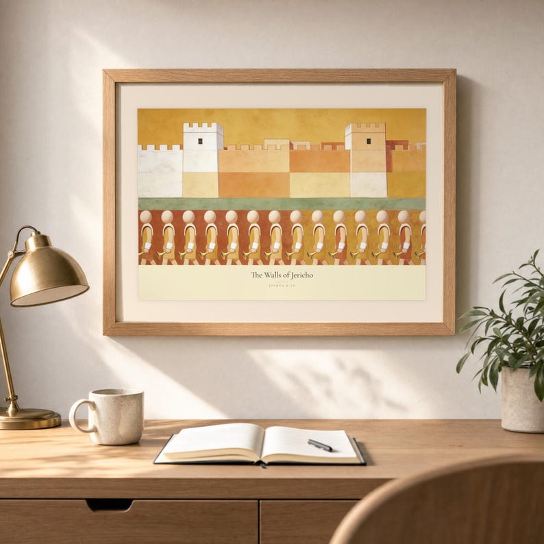 Desk mockup of The Walls of Jericho in a light oak frame above a wooden workspace with a brass lamp, ceramic mug, open notebook, pen, and leafy plant. The artwork shows a fortified ochre city above a passing line of faceless horn bearers. Angled sunlight, neutral styling, and cream matting place the Bible story print in a quiet study or home office setting.