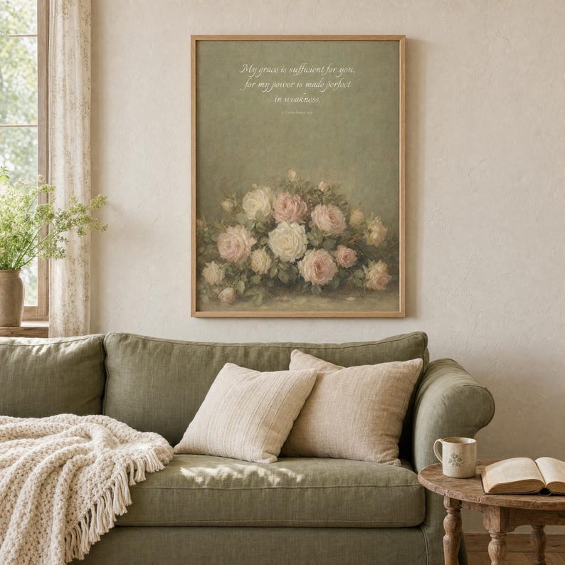 My Grace Is Sufficient vintage oil painting print framed in light oak above a sage green linen sofa, terracotta vase with dried pampas grass on console table, cream textured wall, soft natural daylight, 2 Corinthians 12 9 Christian wall art, romantic vintage floral home decor, instant digital download from TheFramedVerse on Etsy