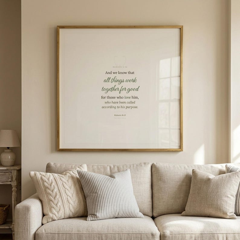 Romans 8:28 farmhouse scripture wall art print featuring All Things Work Together for Good bible verse in elegant calligraphy script and warm sage green tones on linen textured background. Christian home decor printable with laurel wreath motif, perfect as baptism gift, housewarming gift, or bedroom wall art. Digital download, high resolution 300 DPI.