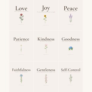 Fruit of the Spirit Set of 9 Bible Verse Wall Art, all 9 prints overview: Love Joy Peace Patience Kindness Goodness Faithfulness Gentleness Self-Control with botanical illustrations, Galatians 5:22-23 aesthetic christian floral scripture printable gallery wall set for living room kitchen christian home decor
