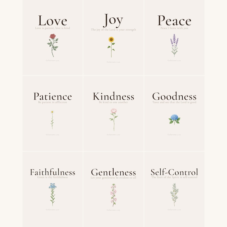 Fruit of the Spirit Set of 9 Bible Verse Wall Art, all 9 prints overview: Love Joy Peace Patience Kindness Goodness Faithfulness Gentleness Self-Control with botanical illustrations, Galatians 5:22-23 aesthetic christian floral scripture printable gallery wall set for living room kitchen christian home decor