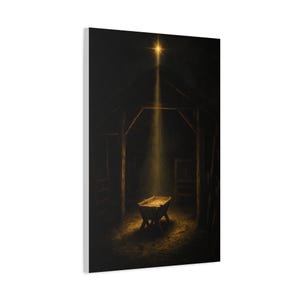 A reverent nighttime stable appears in this dark vintage oil painting, with the Star of Bethlehem shining above an empty wooden manger. Warm golden light reveals rough timber, straw, and the humble crib. Printed on stretched canvas, the deep brown and gold nativity wall art references Matthew 2:2. This close product view highlights the printed surface and finished edges.