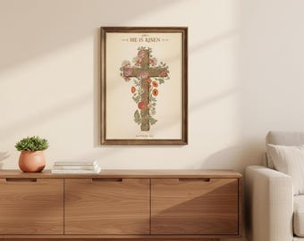 William Morris Er ist auferstandener Kreuzdruck, florales Osterchristliches Dekor, Frühlingsschrift Wandkunst Geschenk