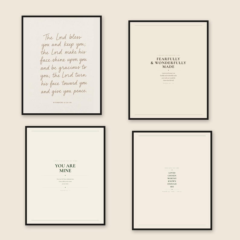 Nursery gallery wall featuring a coordinated Set of 4 Christian prints in soft modern boho style. The framed artwork includes The Lord Bless You and Keep You from Numbers 6:24-26, Fearfully and Wonderfully Made from Psalm 139:14, You Are Mine from Isaiah 43:1, and God Says You Are affirmations for a warm gender-neutral baby room.