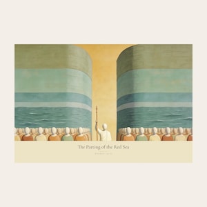 Clean front view of the unframed The Parting of the Red Sea digital print on a light neutral background. The full horizontal composition shows Moses on the centre axis between two towering walls of water while the people cross the dry seabed, followed by the title and Exodus 14:21 in serif type on a cream caption band. The complete borders, warm fresco texture, and restrained palette are visible without props or frame.