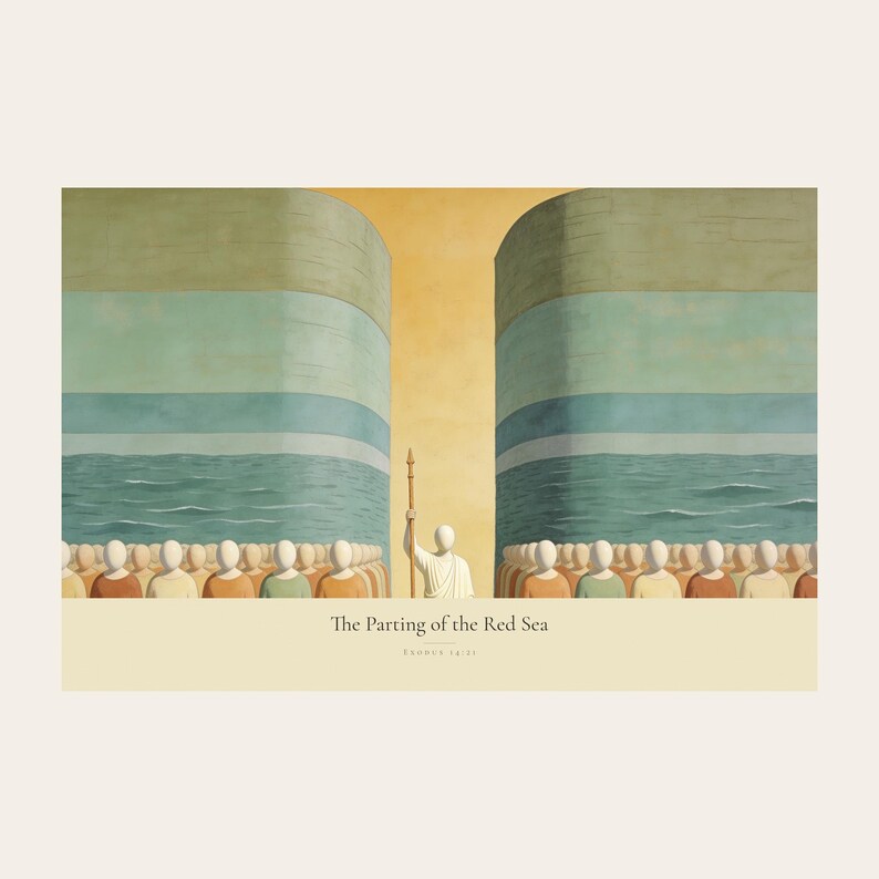 Clean front view of the unframed The Parting of the Red Sea digital print on a light neutral background. The full horizontal composition shows Moses on the centre axis between two towering walls of water while the people cross the dry seabed, followed by the title and Exodus 14:21 in serif type on a cream caption band. The complete borders, warm fresco texture, and restrained palette are visible without props or frame.