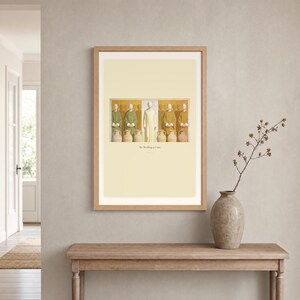 Room mockup of The Wedding at Cana displayed in a light oak frame on a warm neutral wall. The landscape artwork shows Christ centered between six complete stone jars, with three on the left and three on the right. A wide cream mat and restrained fresco palette suit a calm living room, prayer space, or Christian home. The printed title and John 2:7 remain visible beneath the image.