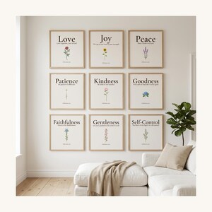 Christian Wall Art Bundle 25 Scripture Prints Bible Verse Printable Gallery Wall Set, in curated gallery wall collection of coordinated Christian scripture prints in matching aesthetic, showcased in an elegant contemporary home interior with curated decor elements, demonstrating how this Christian art piece elevates any living space