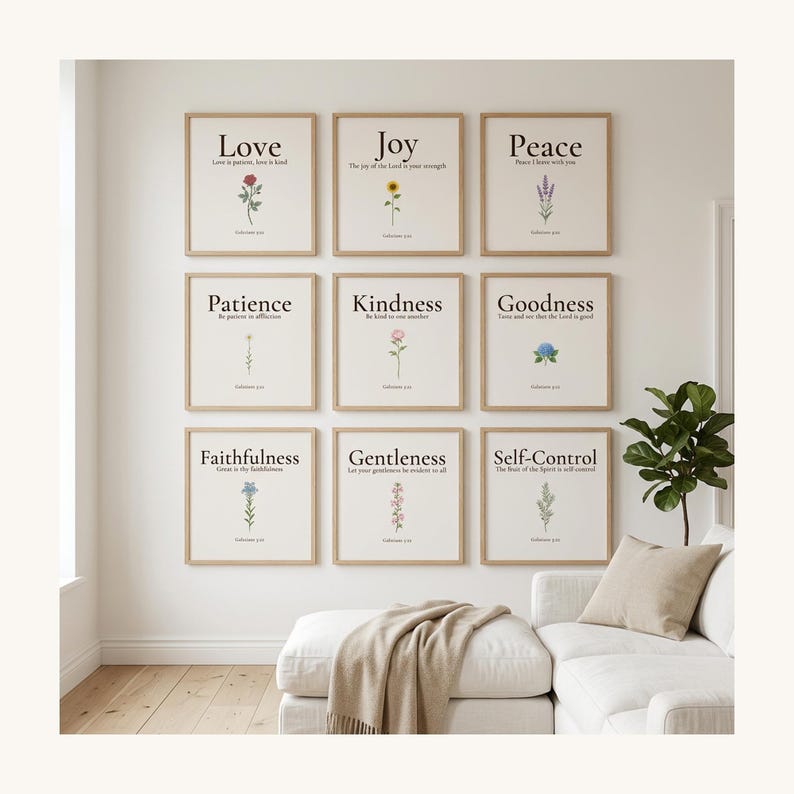 Christian Wall Art Bundle 25 Scripture Prints Bible Verse Printable Gallery Wall Set, in curated gallery wall collection of coordinated Christian scripture prints in matching aesthetic, showcased in an elegant contemporary home interior with curated decor elements, demonstrating how this Christian art piece elevates any living space