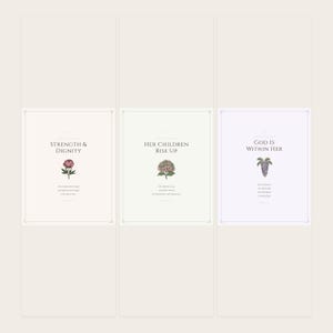 Mothers Day Scripture Set of 3 Christian Wall Art Proverbs 31 Psalm 46 Bible, in gentle sage green nursery design with soft botanical watercolor illustration and calming earth tones, presented as an elegant flat lay on white marble with a fountain pen and eucalyptus sprig, showing the complete print design in full detail