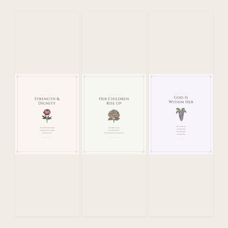 Mothers Day Scripture Set of 3 Christian Wall Art Proverbs 31 Psalm 46 Bible, in gentle sage green nursery design with soft botanical watercolor illustration and calming earth tones, presented as an elegant flat lay on white marble with a fountain pen and eucalyptus sprig, showing the complete print design in full detail