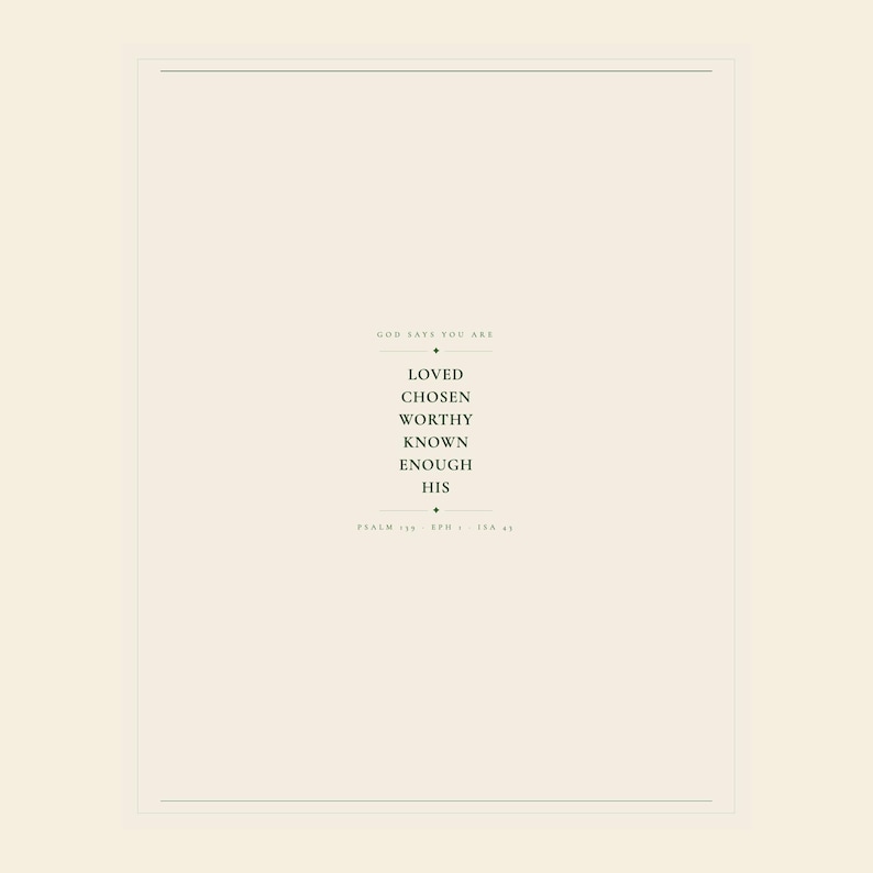 God Says You Are Christian nursery affirmation print featuring the words Loved, Chosen, Worthy, Known, Enough, and His. This encouraging baby room artwork coordinates with the Aaronic Blessing, Psalm 139:14, and Isaiah 43:1 designs in the Set of 4, creating a faith-filled gallery wall for a child of God and a meaningful new baby gift.