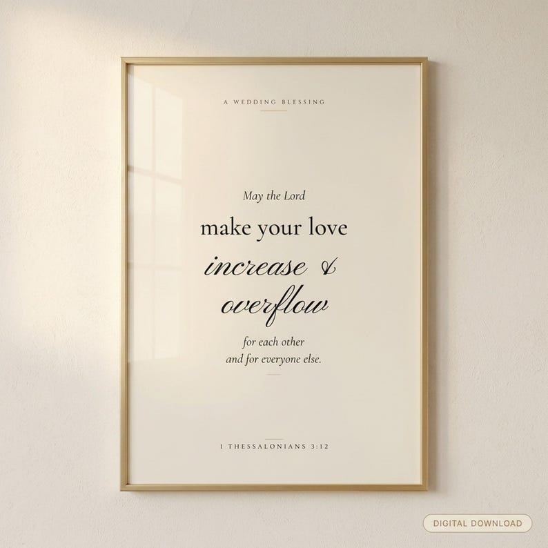 1 Thessalonians 3:12 modern Christian wedding wall art print in solid walnut frame, frontal studio shot on cream backdrop with soft top-left key light, glass reflection visible, e-commerce hero photograph, couple scripture digital download, Bible verse wedding gift by TheFramedVerse