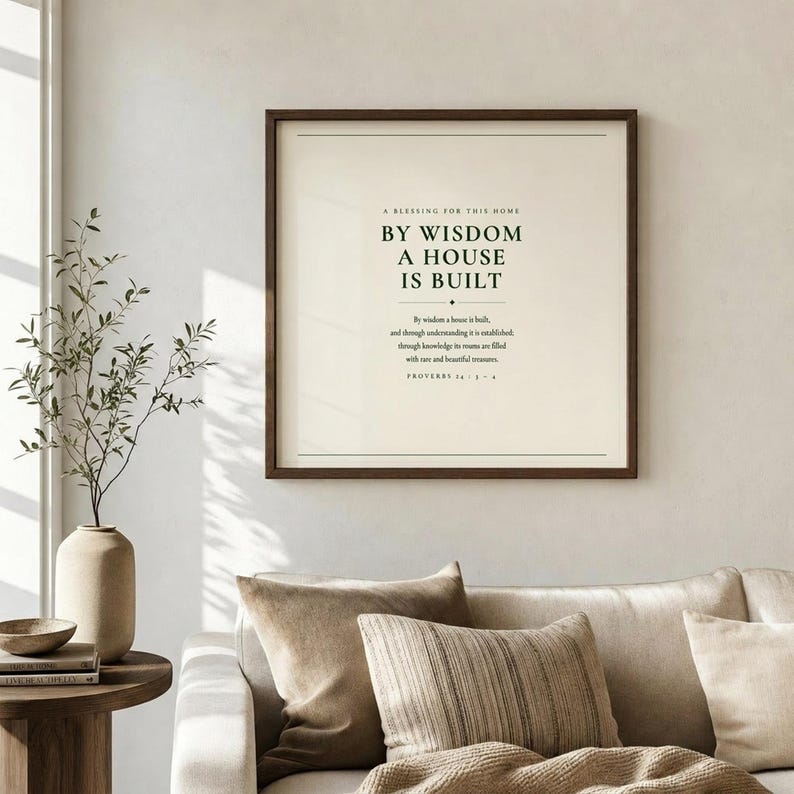 Proverbs 24:3 By Wisdom A House Is Built scripture print in dark walnut frame in warm living room with olive branch and ceramic vase, natural window light, dark forest green text on warm cream background, christian housewarming wall art house blessing scripture print for new home decor bedroom living room
