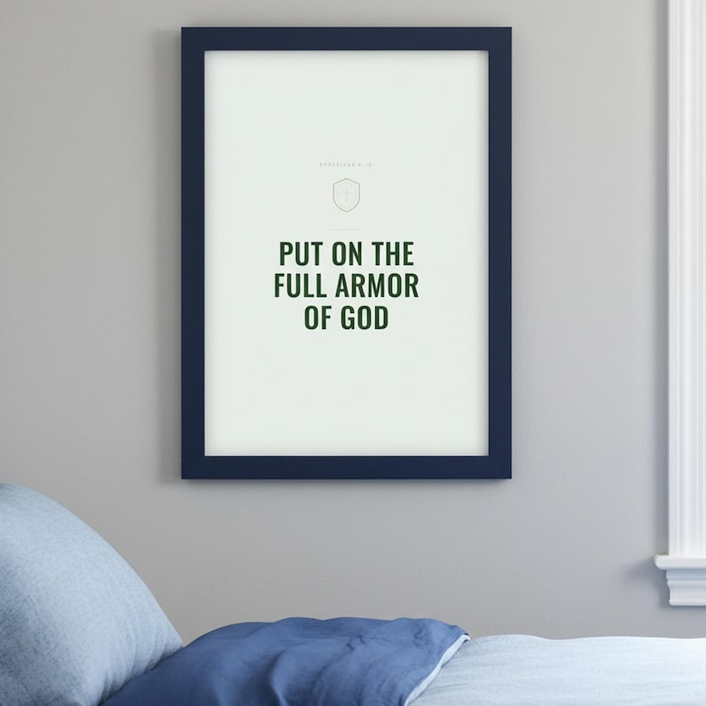 Christian Boys Room Wall Art Set of 6 Bible Verse Prints Navy Adventure Scriptur — front facing framed mockup on clean white wall with shadow. This nursery, navy blue christian scripture wall art print features beautiful serif typography on warm cream background. digital download printable for home office bedroom living room gallery wall decor. Perfect christian gift idea from TheFramedVerse on...