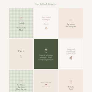 Coquette Christian Wall Art MEGA BUNDLE 27 Prints Bible Verse Scripture Gallery  — lifestyle mockup in modern room setting with elegant framed print on wall. This sage green, coquette bow, navy blue, pink blush christian scripture wall art print features beautiful serif typography on warm cream background. digital download printable for home office bedroom living room gallery wall decor. Perfec...