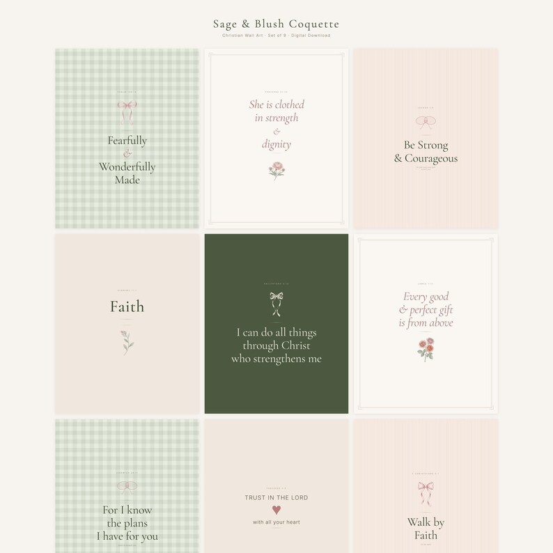 Coquette Christian Wall Art MEGA BUNDLE 27 Prints Bible Verse Scripture Gallery  — lifestyle mockup in modern room setting with elegant framed print on wall. This sage green, coquette bow, navy blue, pink blush christian scripture wall art print features beautiful serif typography on warm cream background. digital download printable for home office bedroom living room gallery wall decor. Perfec...