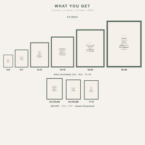 What You Get overview showing all print sizes in Father Day Man of God scripture set of 3. Micah 6:8 Proverbs 20:7 1 Timothy 6:11 displayed in ascending sizes from 4x6 to 24x36 in 2:3 ratio plus 3:4 4:5 and 11:14 ratios. All 3 prints shown at each size. 300 DPI JPG and PDF files. Sage green Christian wall art digital download printable instant download from TheFramedVerse