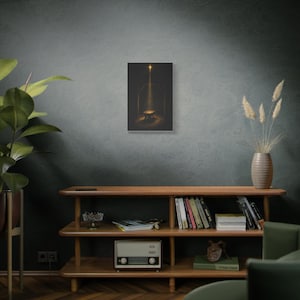 Beneath the Star of Bethlehem, a warm golden beam falls over rough timber, straw, and an empty wooden manger inside a rustic stable. The dark vintage oil painting forms a reverent nighttime nativity scene. Matthew 2:2 wall art in deep brown and gold is printed on stretched canvas. This alternate product presentation shows the artwork as a complete canvas piece.