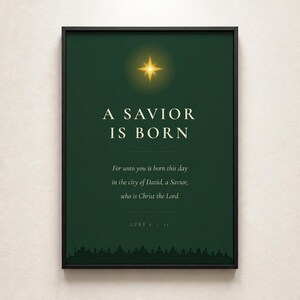 A Savior Is Born Scripture Print | Luke 2:11 Christmas Wall Art | Dark Green Minimalist Nativity Printable image 6