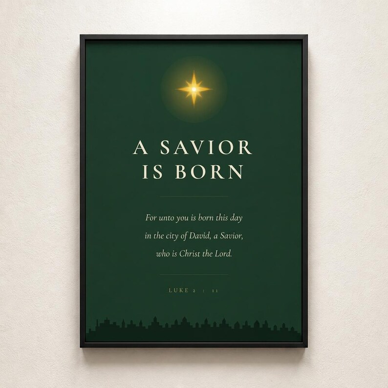 A Savior Is Born Scripture Print | Luke 2:11 Christmas Wall Art | Dark Green Minimalist Nativity Printable image 6
