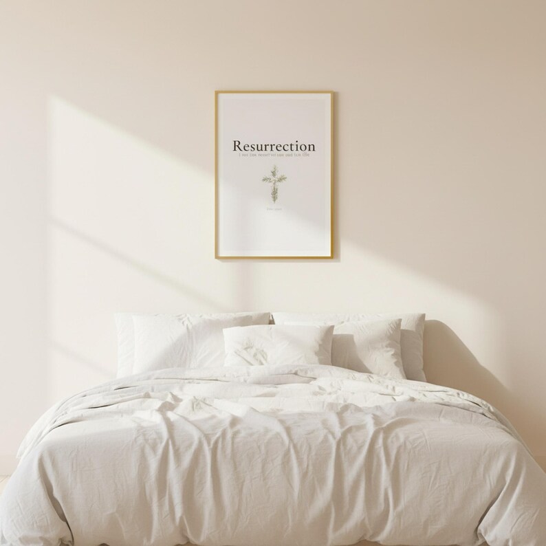 Resurrection Christian Scripture Art, Floral Cross Spring Decor, in beautiful floral cross composed of spring roses, greenery and wildflowers, hanging above a cozy bed in a peaceful bedroom setting, creating an inspiring and calming atmosphere for morning devotions and evening prayer