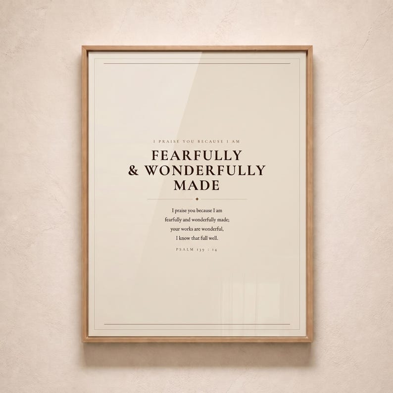 Straight front view of the complete artwork in a clean frame, making the typography and full composition easy to see. The Fearfully and Wonderfully Made artwork uses minimalist boho typography in beige, brown, and black. This Psalm 139:14 print suits a nursery, baptism gift, baby dedication, bedroom, or quiet Christian reading corner as printable digital wall art.