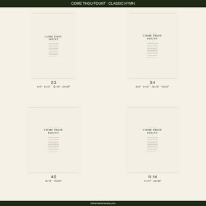 Come Thou Fount of Every Blessing hymn lyric digital download printable wall art showing all four available print sizes and aspect ratios: 2x3, 3x4, 4x5 and 11x14 inch, dark forest green text on cream background, instant download christian hymn song lyric wall art come thou fount print four ratio sizes
