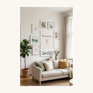 Easter He is Risen Scripture Art Set, Floral Cross Bible Verse Prints, in beautiful floral cross composed of spring roses, greenery and wildflowers, styled on a wooden floating shelf next to a ceramic vase with dried eucalyptus, creating a warm and inviting Christian home decor vignette