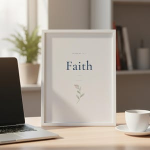 Faith Hebrews 11:1 Wall Art Blue Navy Coquette Christian Print Scripture Decor D — room setting mockup in cozy living space with complementary decor. This coquette bow, navy blue christian scripture wall art print features beautiful serif typography on warm cream background. Hebrews 11:1 bible verse digital download printable for home office bedroom living room gallery wall decor. Perfect chris...