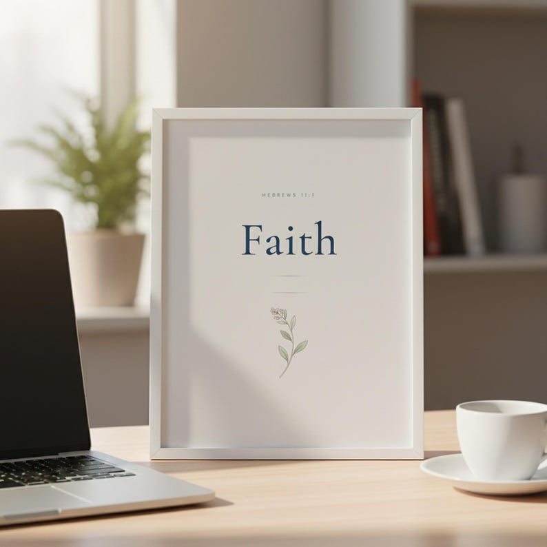 Faith Hebrews 11:1 Wall Art Blue Navy Coquette Christian Print Scripture Decor D — room setting mockup in cozy living space with complementary decor. This coquette bow, navy blue christian scripture wall art print features beautiful serif typography on warm cream background. Hebrews 11:1 bible verse digital download printable for home office bedroom living room gallery wall decor. Perfect chris...