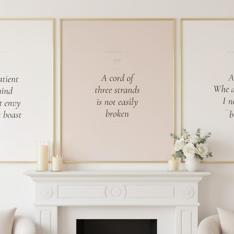 Christian Wedding Wall Art Set of 3 Bible Verse Prints Love Is Patient, — "Love is patient, love is kind. It does not envy, it does not boast", in romantic wedding typography with elegant calligraphy, delicate gold ornamental accents on warm blush background. High-quality instant digital download printable Christian wall art available in multiple sizes for beautiful home printing