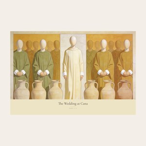 Clean front view of the unframed The Wedding at Cana digital print on a light neutral background. The full horizontal composition shows Christ centered between six complete stone jars, with three on the left and three on the right, followed by the title and John 2:7 in serif type on a cream caption band.
