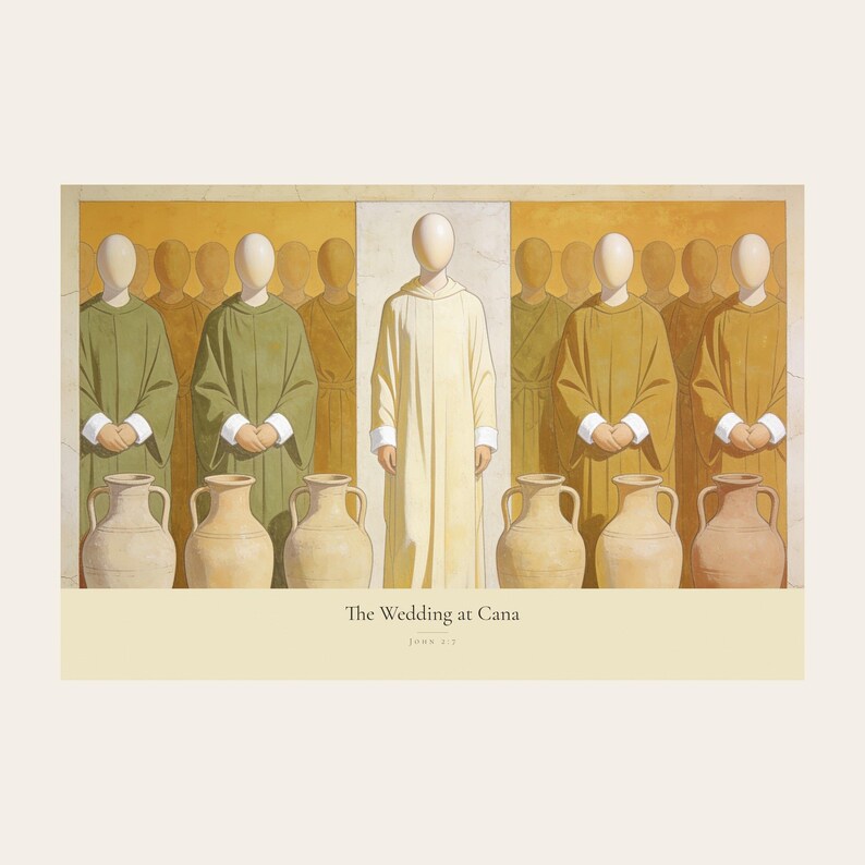 Clean front view of the unframed The Wedding at Cana digital print on a light neutral background. The full horizontal composition shows Christ centered between six complete stone jars, with three on the left and three on the right, followed by the title and John 2:7 in serif type on a cream caption band.