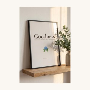 Fruit of the Spirit Goodness Bible Verse Wall Art on oak shelf with eucalyptus and pottery, Galatians 5:22 hydrangea botanical aesthetic christian floral scripture set of 9 print