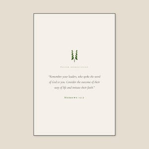 Hebrews 13:7 Remember Your Leaders scripture print in thin black metal frame, frontal view on textured off-white wall, modern minimalist styling, soft top light with gentle shadow below frame, e-commerce hero photograph, christian pastor gift digital download, pastor office decor from TheFramedVerse on Etsy
