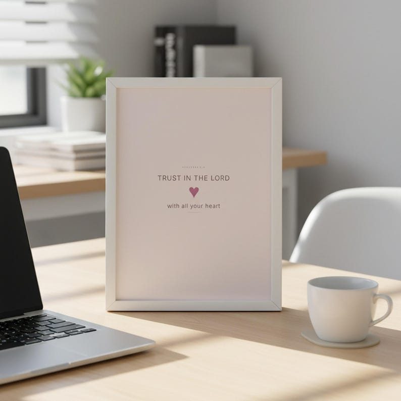 Trust in the Lord With All Your Heart Proverbs 3:5 Wall Art Pink Blush Coquette  — room setting mockup in cozy living space with complementary decor. This coquette bow, pink blush christian scripture wall art print features beautiful serif typography on warm cream background. Proverbs 3:5 bible verse digital download printable for home office bedroom living room gallery wall decor. Perfect chri...