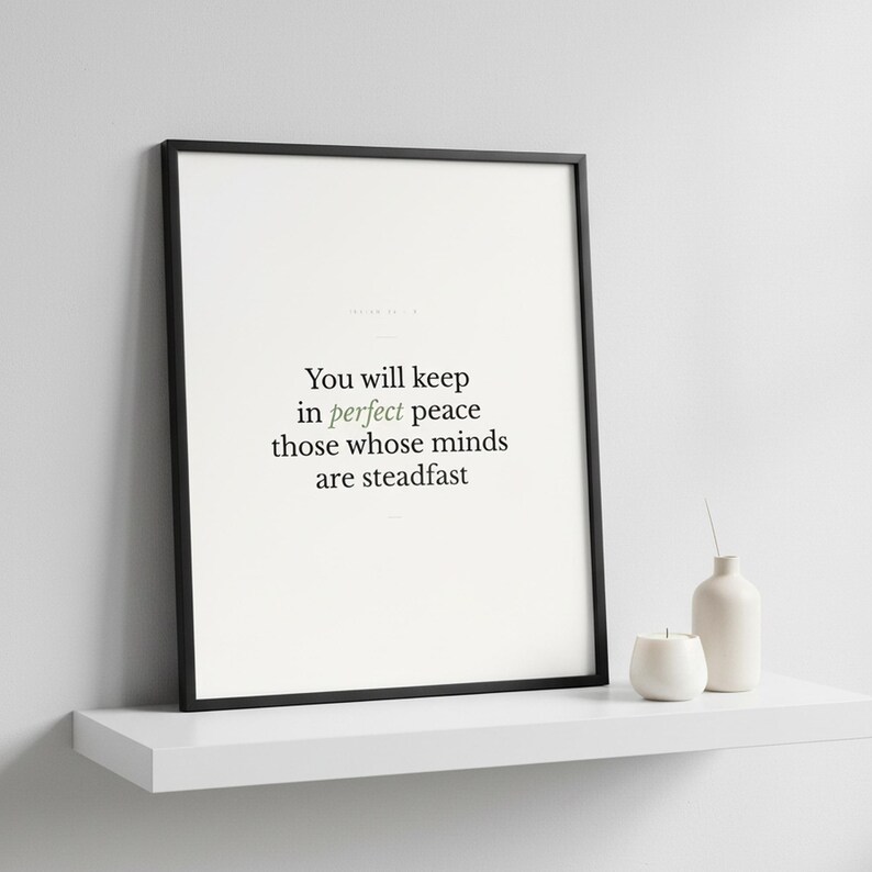 Isaiah 26:3 Wall Art You Will Keep in Perfect Peace Minimalist Scripture Print B — close-up detail of typography and paper texture. This modern minimalist christian scripture wall art print features beautiful serif typography on warm cream background. Isaiah 26:3 bible verse digital download printable for home office bedroom living room gallery wall decor. Perfect christian gift idea from TheFr...