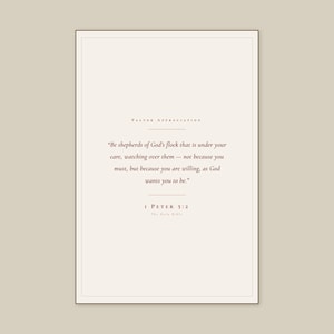 1 Peter 5:2 Be Shepherds of God's Flock scripture print framed in rustic walnut wood, leaning on an oak console next to an open leather-bound Bible, antique brass candlestick with lit beeswax candle, dried wheat stems in earthenware vase, warm editorial pastoral gifts display, thank you pastor christian wall art digital download by TheFramedVerse