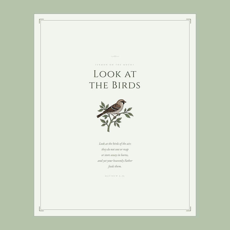 Look at the Birds Matthew 6 26 Scripture Print flat lay on sage green background, clean botanical sparrow design detail, sermon on the mount aesthetic christian floral scripture printable bible verse wall art