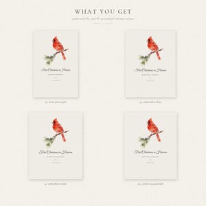What you get graphic for the personalized First Christmas in Heaven print, displaying four high resolution JPEG ratios, 2:3, 3:4, 4:5 and 11:14. The image notes 300 DPI quality, customization with one name and year, a Read-Me guide available immediately after purchase, and completed digital files delivered through Etsy message within 24 hours for easy printing.