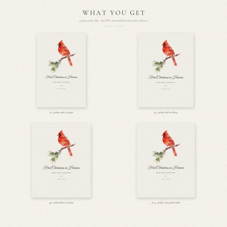 What you get graphic for the personalized First Christmas in Heaven print, displaying four high resolution JPEG ratios, 2:3, 3:4, 4:5 and 11:14. The image notes 300 DPI quality, customization with one name and year, a Read-Me guide available immediately after purchase, and completed digital files delivered through Etsy message within 24 hours for easy printing.