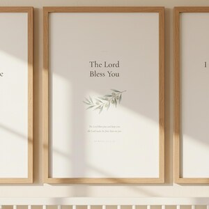 Nursery Bible Verse Wall Art Set of 6 Printable Christian Scripture Prints, in gentle sage green nursery design with soft botanical watercolor illustration and calming earth tones, showcased in an elegant contemporary home interior with curated decor elements, demonstrating how this Christian art piece elevates any living space
