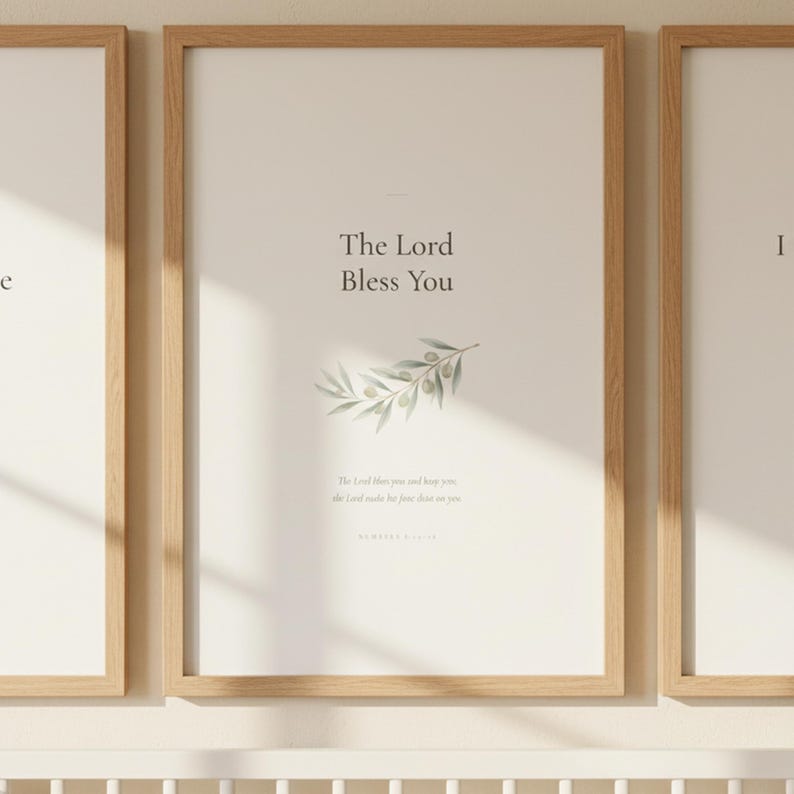 Nursery Bible Verse Wall Art Set of 6 Printable Christian Scripture Prints, in gentle sage green nursery design with soft botanical watercolor illustration and calming earth tones, showcased in an elegant contemporary home interior with curated decor elements, demonstrating how this Christian art piece elevates any living space
