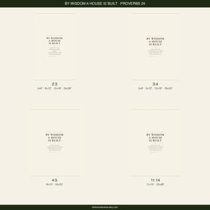 Proverbs 24:3 By Wisdom A House Is Built digital download printable wall art showing all four available print sizes and aspect ratios: 2x3, 3x4, 4x5 and 11x14 inch, dark forest green text on warm cream background, instant download printable christian home blessing housewarming gift scripture wall art four sizes