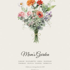 Eight person Christian birth flower bouquet showing the largest personalization option with eight watercolor stems and eight family names. The full floral arrangement includes an editable title and the verse Children are a heritage from the LORD, Psalm 127:3. This detailed example shows a faith centered Christmas gift for mom, grandma or a growing family.