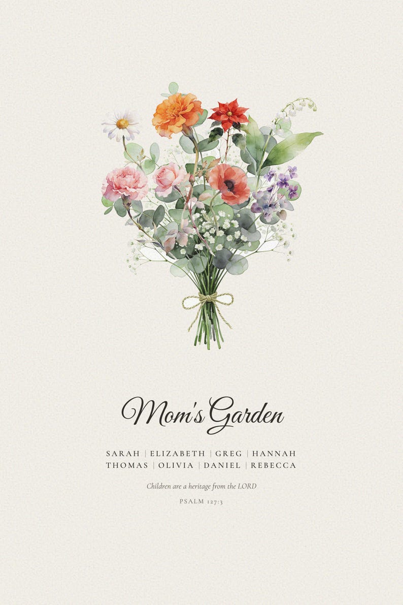 Eight person Christian birth flower bouquet showing the largest personalization option with eight watercolor stems and eight family names. The full floral arrangement includes an editable title and the verse Children are a heritage from the LORD, Psalm 127:3. This detailed example shows a faith centered Christmas gift for mom, grandma or a growing family.