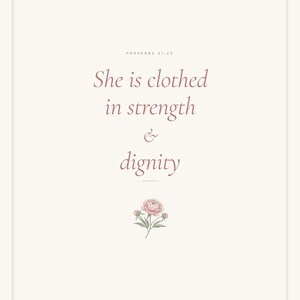 She Is Clothed in Strength and Dignity Proverbs 31 25 Wall Art Coquette Christia — hero framed product shot with glass reflection and premium frame. This coquette bow, botanical, pink blush christian scripture wall art print features beautiful serif typography on warm cream background. Proverbs 31 25 bible verse digital download printable for home office bedroom living room gallery wall decor. ...